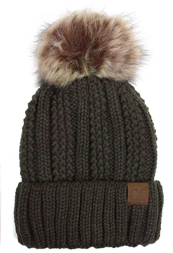 C.C Knit Beanie With Fuzzy Lining and Pom Winter Hat: Beige