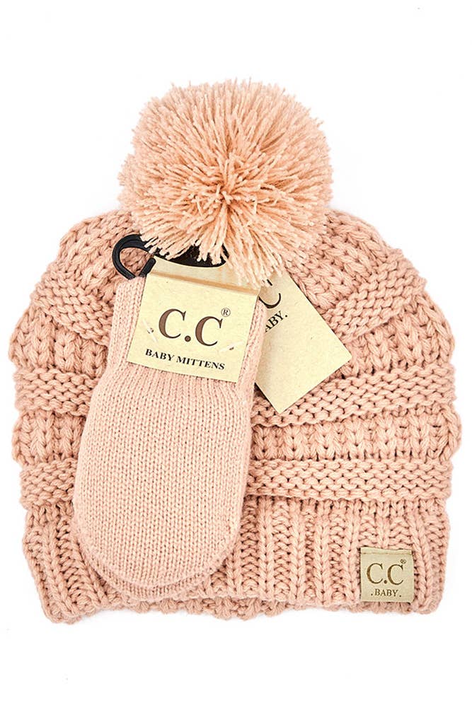 C.C Baby Solid Ribbed Pom Beanie and Mitten Glove: Pale Pink