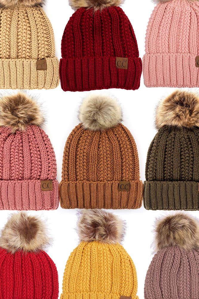 C.C Knit Beanie With Fuzzy Lining and Pom Winter Hat: Beige