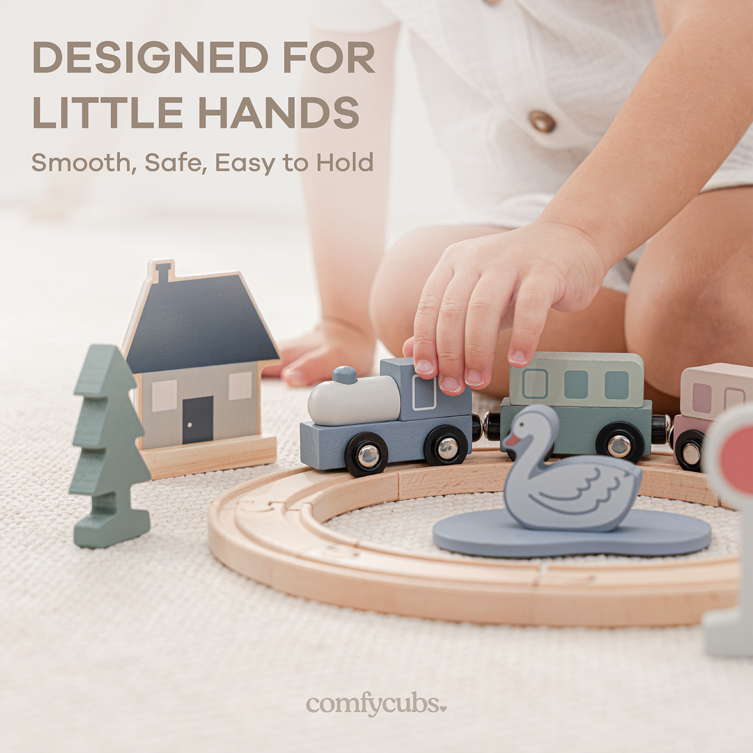 30-PC Wooden Train Set for Toddlers Ages 1+ by Comfy Cubs