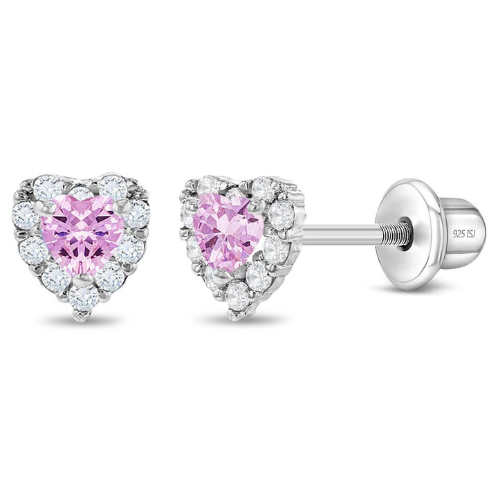 Princess Heart CZ Baby / Toddler Earrings - Sterling Silver: Pink