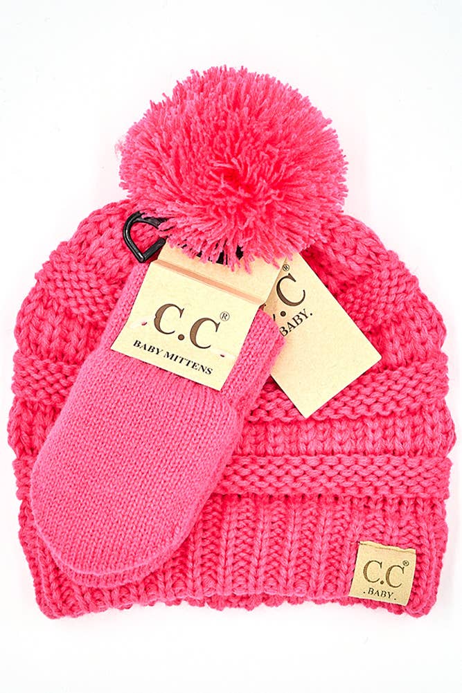 C.C Baby Solid Ribbed Pom Beanie and Mitten Glove: Pale Pink