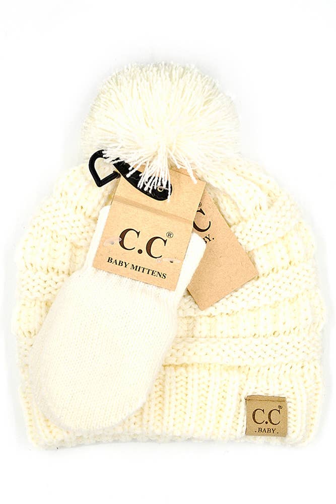 C.C Baby Solid Ribbed Pom Beanie and Mitten Glove: Pale Pink