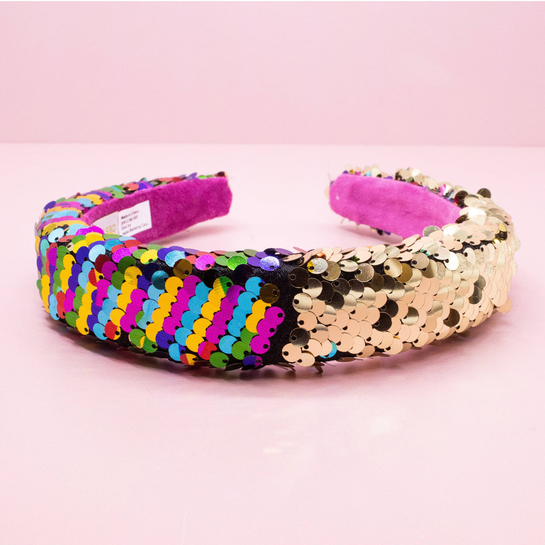 Reversible Sequin Headband - Kids Padded Hair Band: Rainbow/Gold