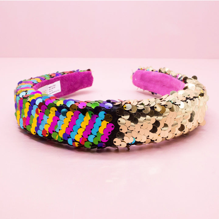 Reversible Sequin Headband - Kids Padded Hair Band: Rainbow/Gold
