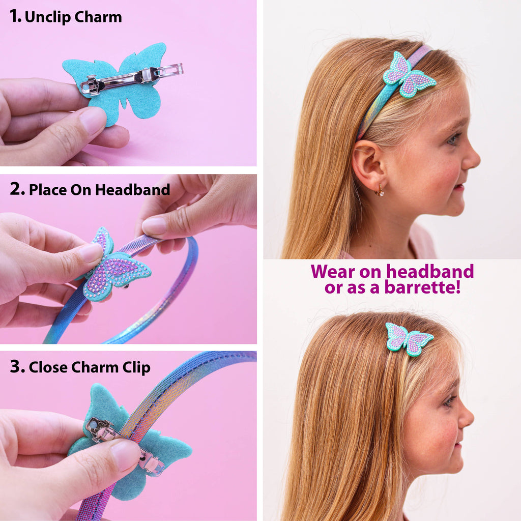 Unicorn/Butterfly/Bow Interchangeable Rhinestone Charm Headband and Hair Clips
