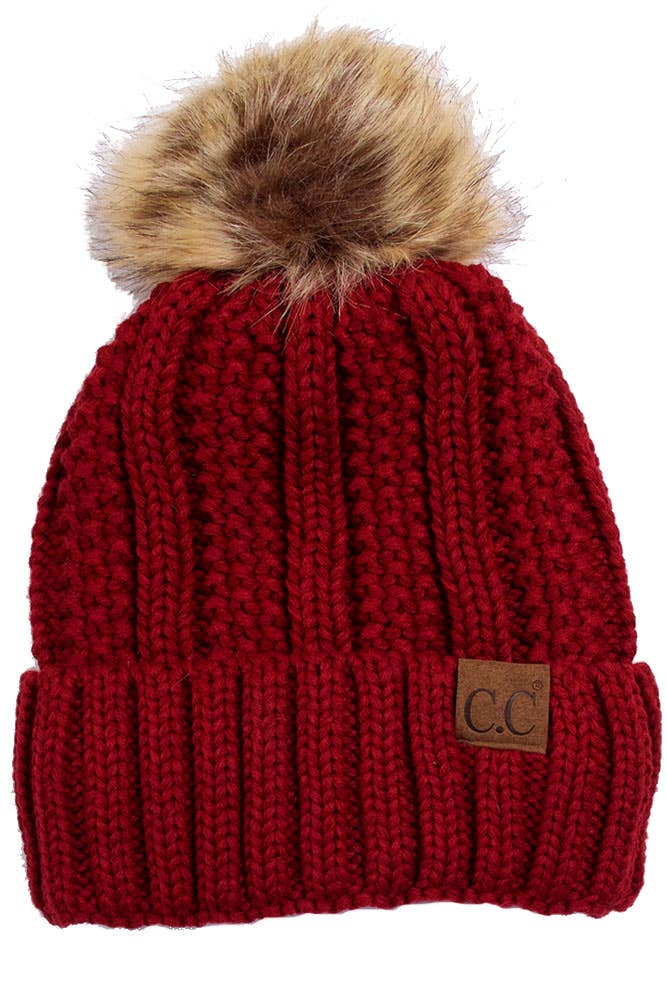 C.C Knit Beanie With Fuzzy Lining and Pom Winter Hat: Beige