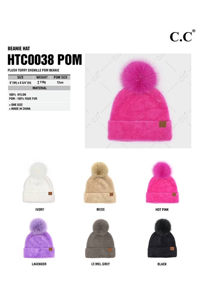 C.C Plush Terry Chenille Pom Beanie Winter Hat: Black