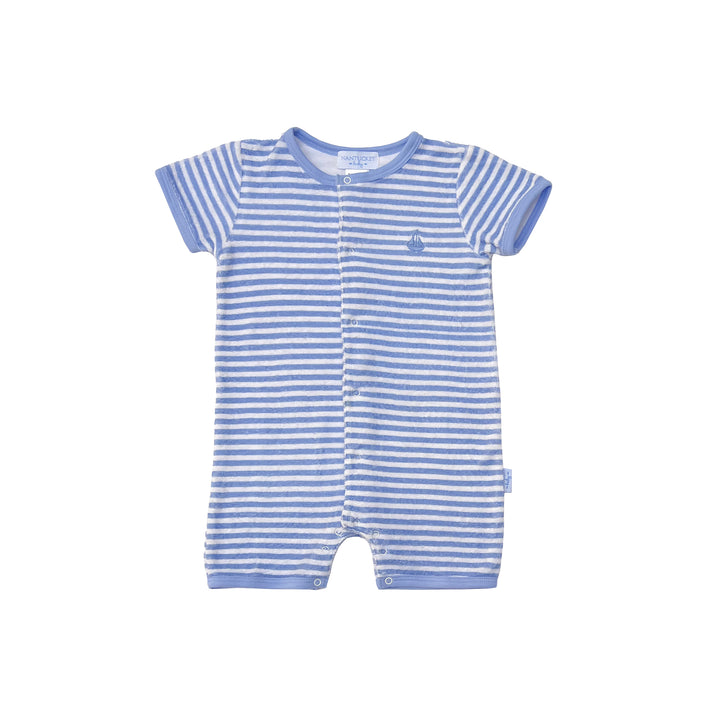 Portside Stripe Towelling Baby Romper-Hydrangea Blue