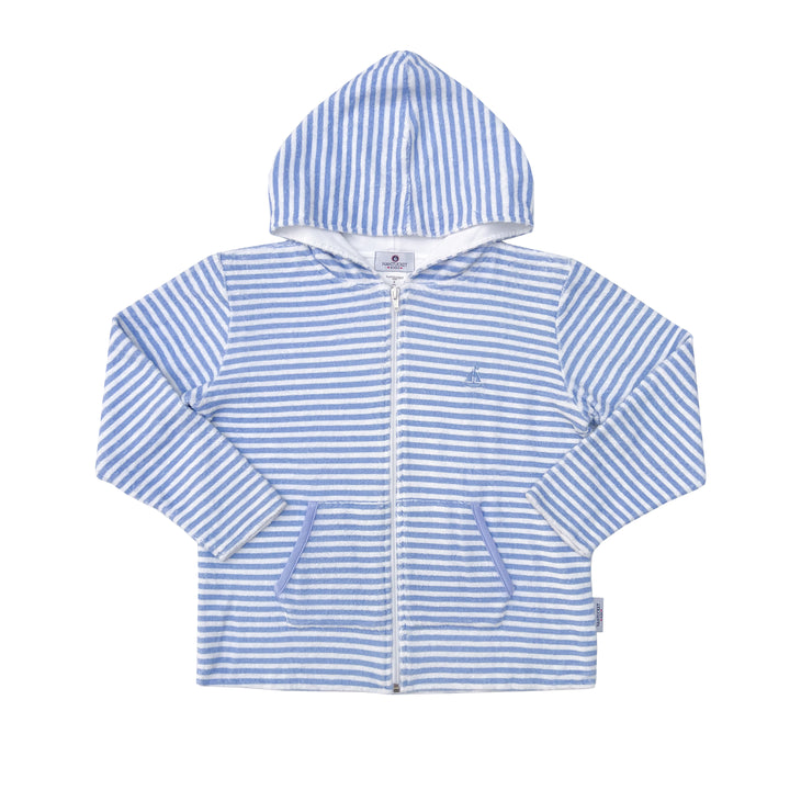 Portside Stripe Towelling Beach Jacket-Hydrangea Blue