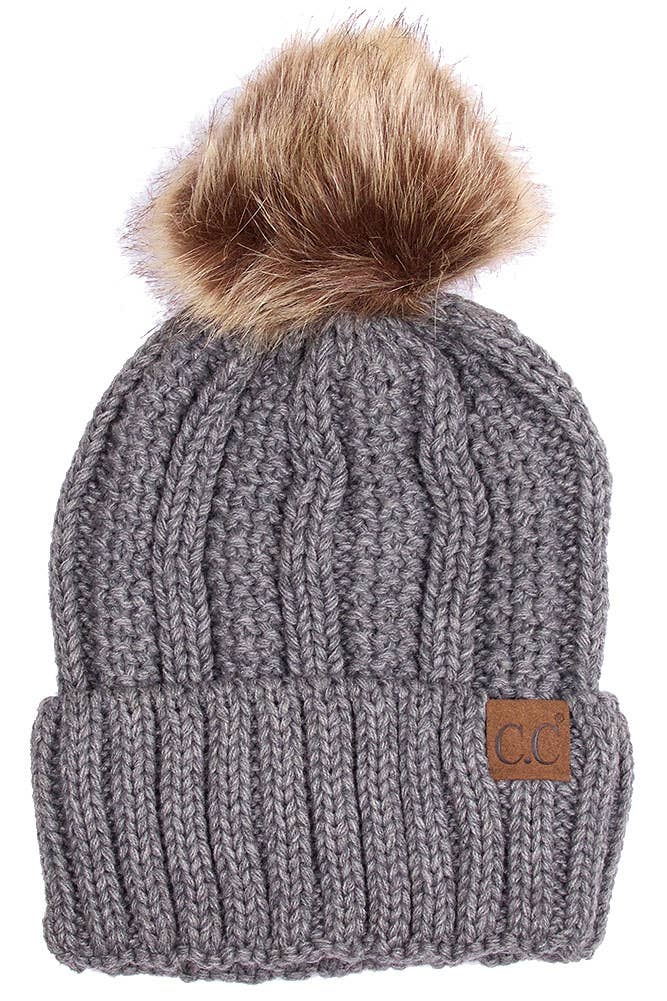 C.C Knit Beanie With Fuzzy Lining and Pom Winter Hat: Beige