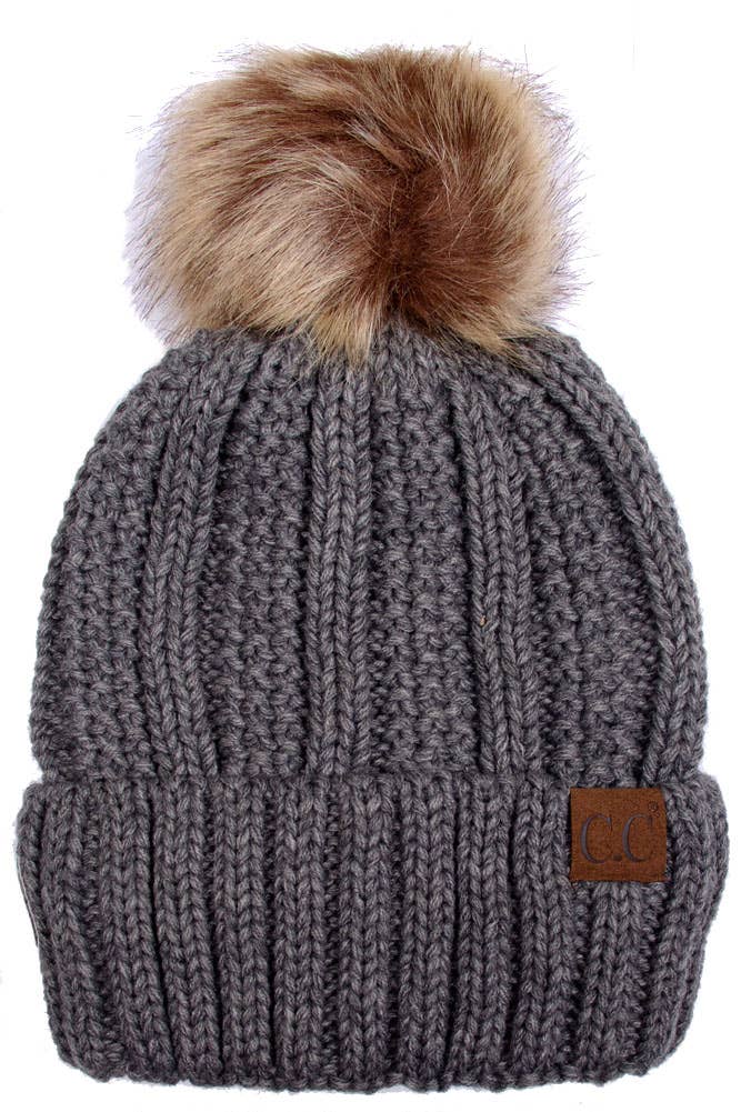 C.C Knit Beanie With Fuzzy Lining and Pom Winter Hat: Beige