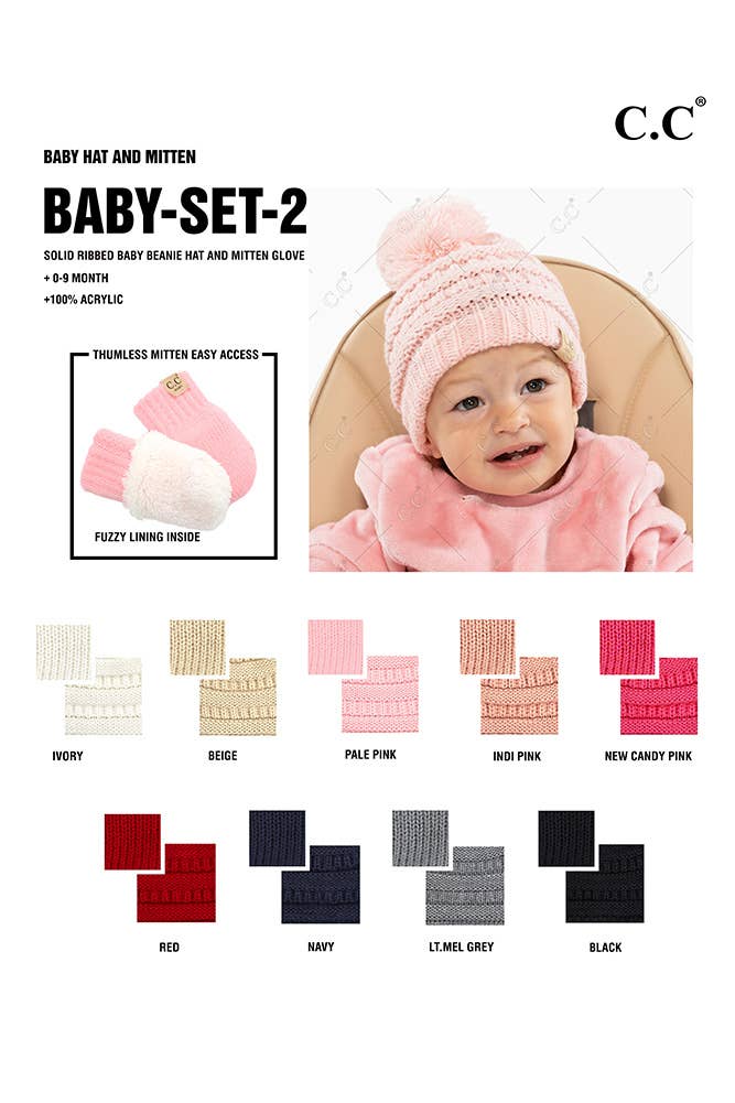 C.C Baby Solid Ribbed Pom Beanie and Mitten Glove: Pale Pink