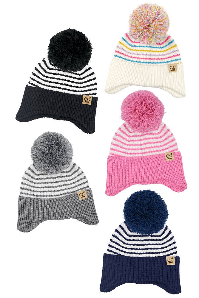C.C Kids Stripe Earflap Yarn Pom Beanie Winter Hat: Navy