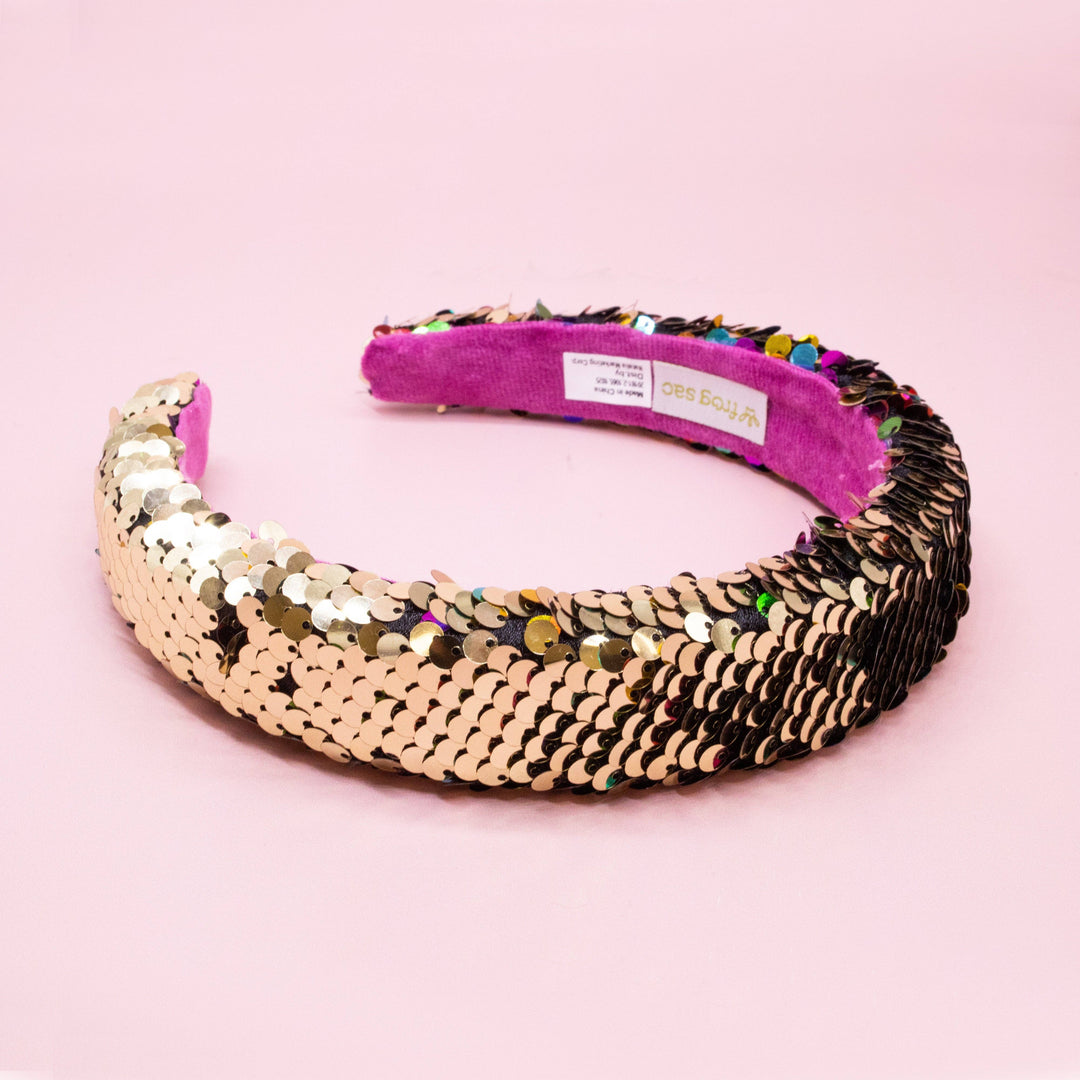 Reversible Sequin Headband - Kids Padded Hair Band: Rainbow/Gold