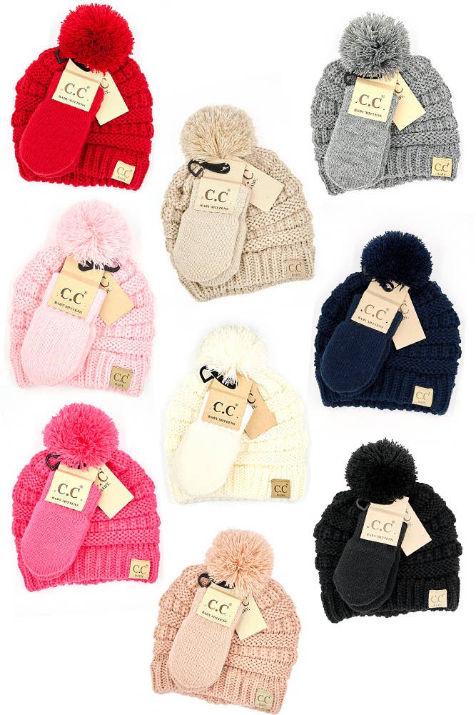 C.C Baby Solid Ribbed Pom Beanie and Mitten Glove: Pale Pink