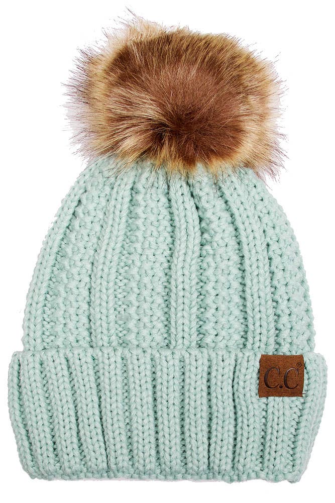 C.C Knit Beanie With Fuzzy Lining and Pom Winter Hat: Beige