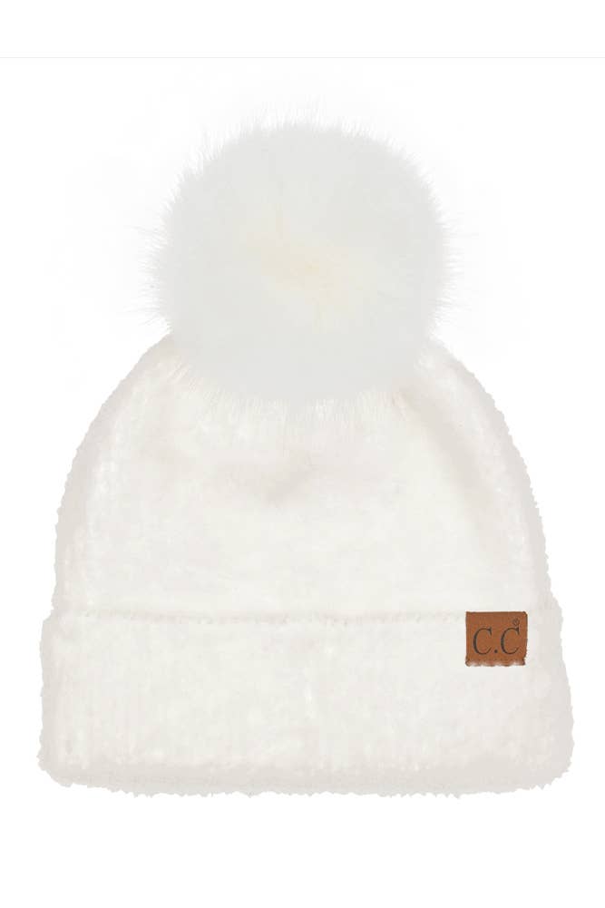 C.C Plush Terry Chenille Pom Beanie Winter Hat: Black