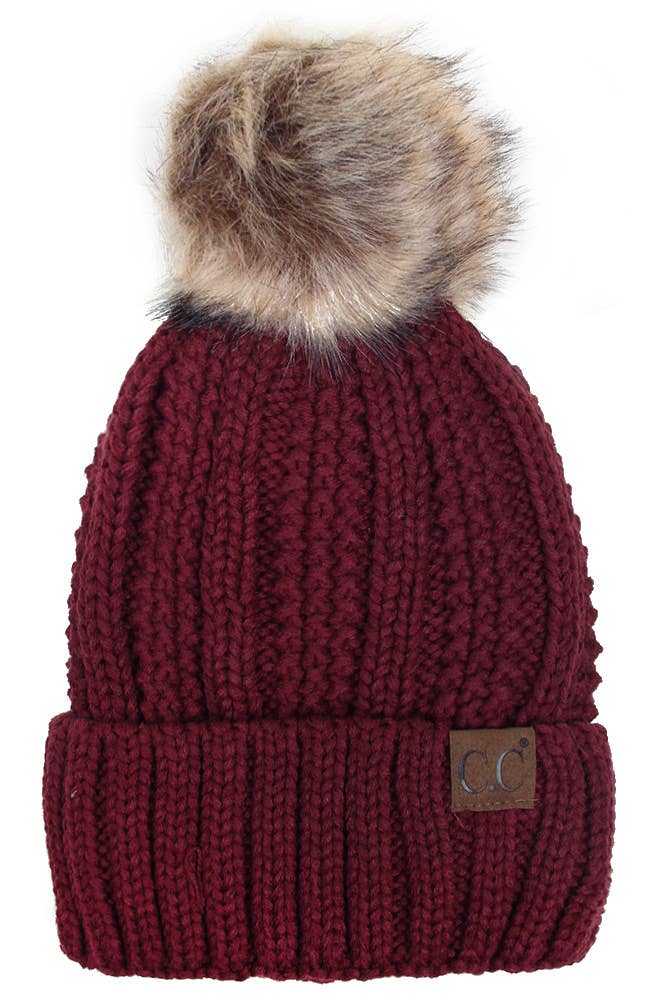 C.C Knit Beanie With Fuzzy Lining and Pom Winter Hat: Beige