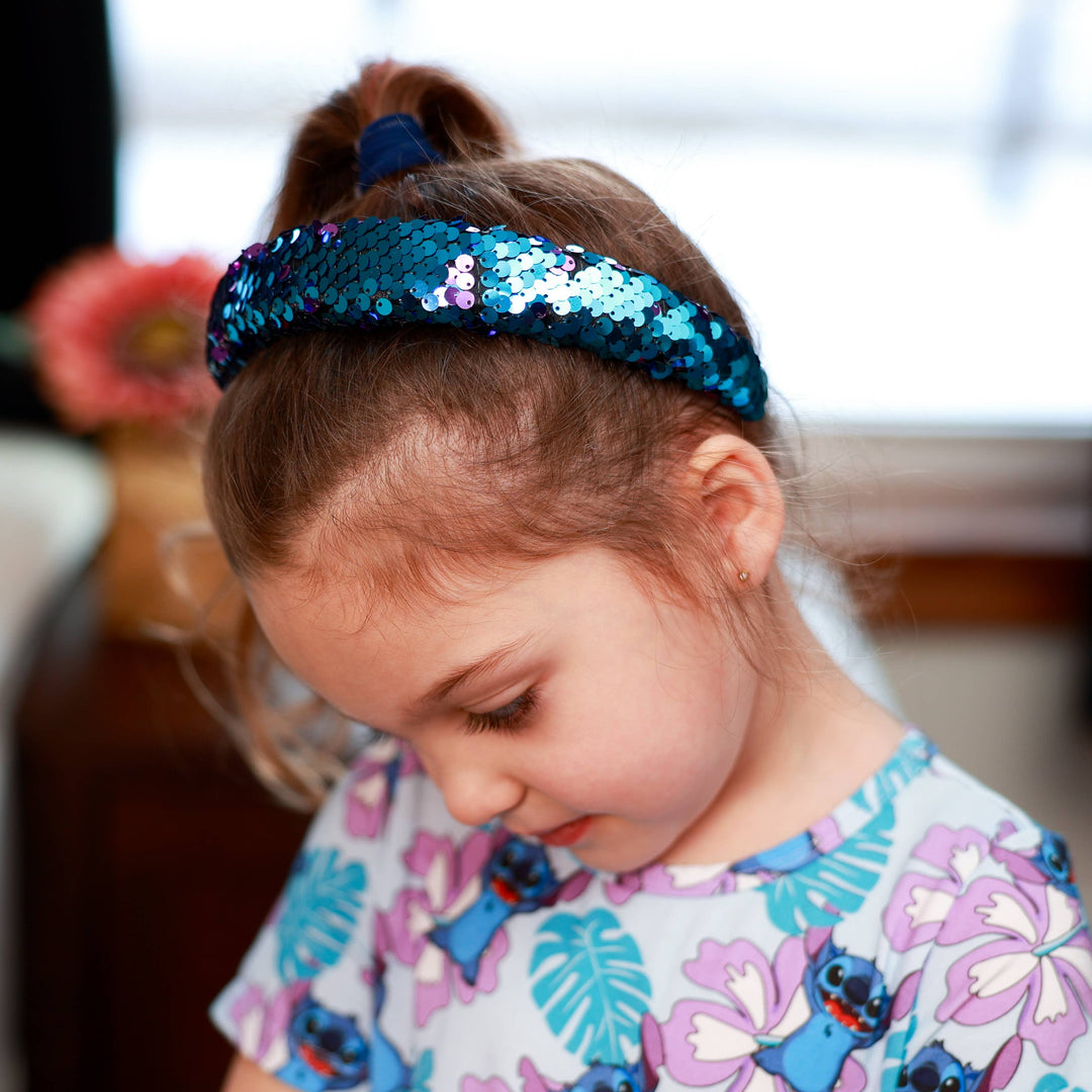 Reversible Sequin Headband - Kids Padded Hair Band: Teal/Purple
