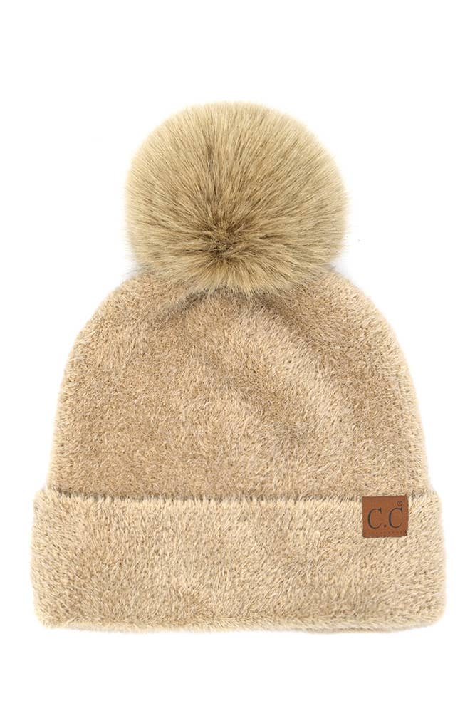C.C Plush Terry Chenille Pom Beanie Winter Hat: Black