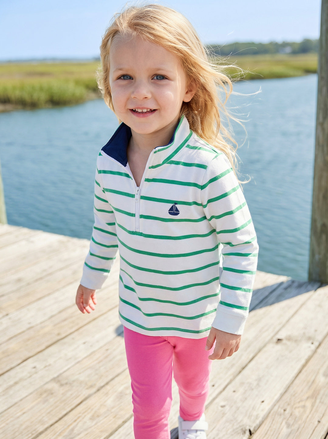 Portside Quarter Zip-Greenwich Green Stripe