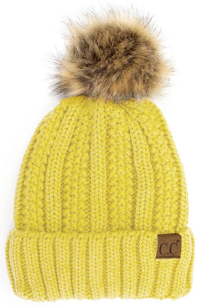 C.C Knit Beanie With Fuzzy Lining and Pom Winter Hat: Beige