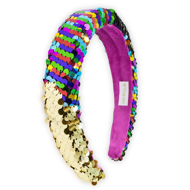 Reversible Sequin Headband - Kids Padded Hair Band: Rainbow/Gold