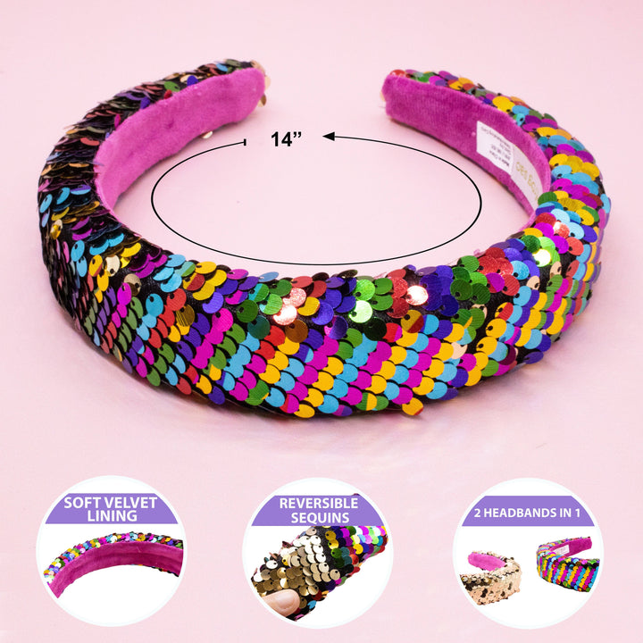 Reversible Sequin Headband - Kids Padded Hair Band: Teal/Purple