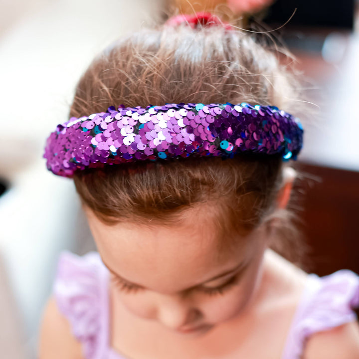 Reversible Sequin Headband - Kids Padded Hair Band: Teal/Purple