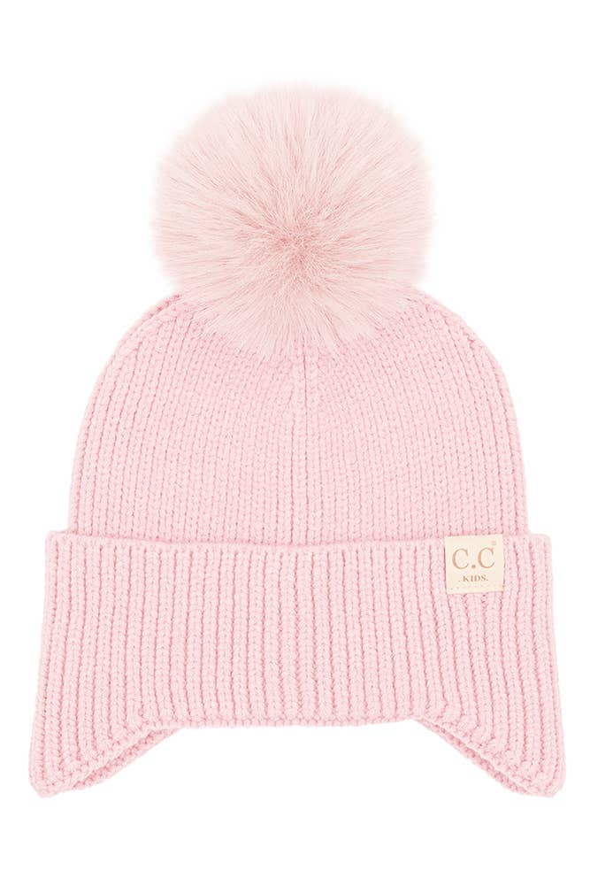 C.C Kids Ear Flap Pom Beanie: Ice Blue