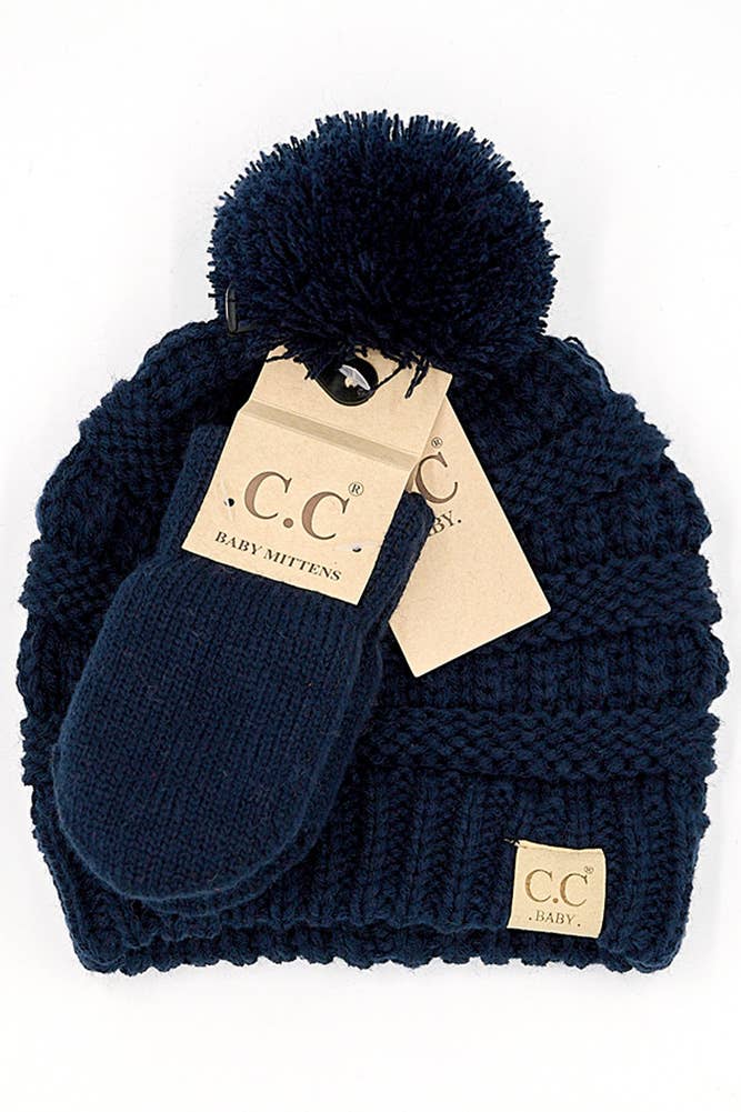 C.C Baby Solid Ribbed Pom Beanie and Mitten Glove: Pale Pink
