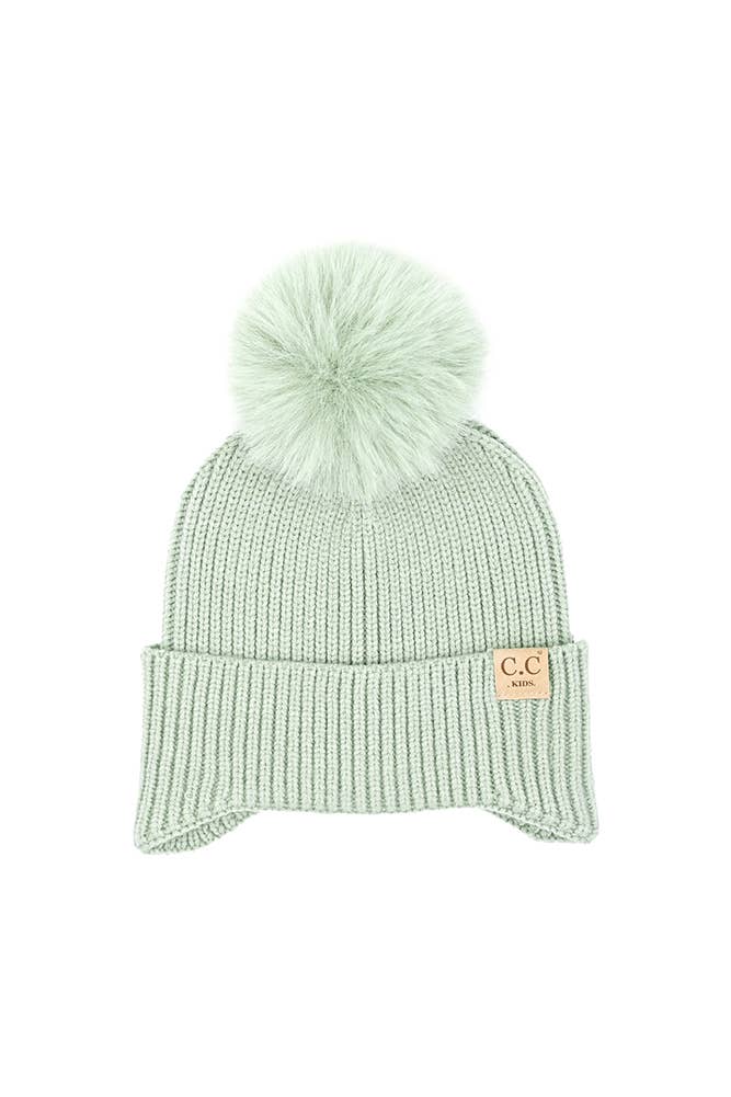 C.C Kids Ear Flap Pom Beanie: Ice Blue