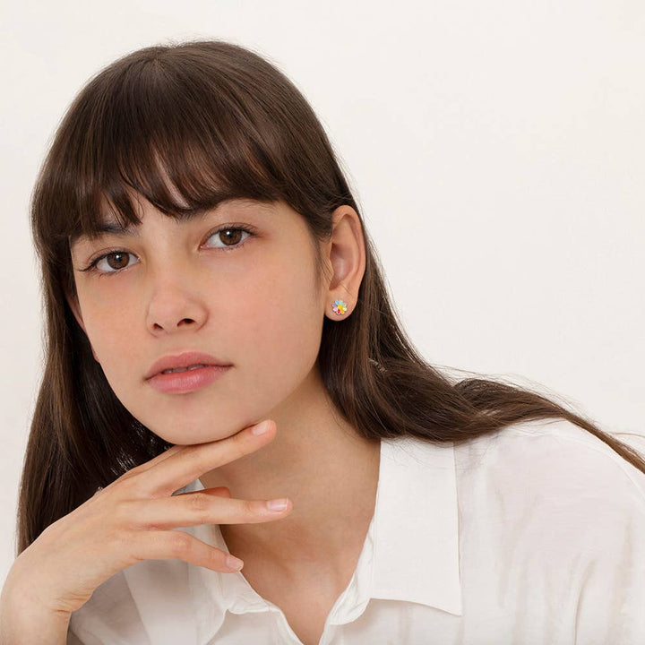 Rainbow Daisy Kids / Girls Earrings Enamel - Sterling Silver