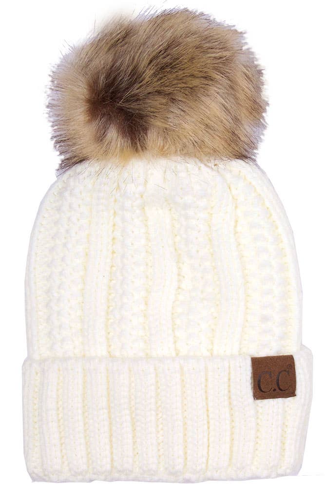 C.C Knit Beanie With Fuzzy Lining and Pom Winter Hat: Beige