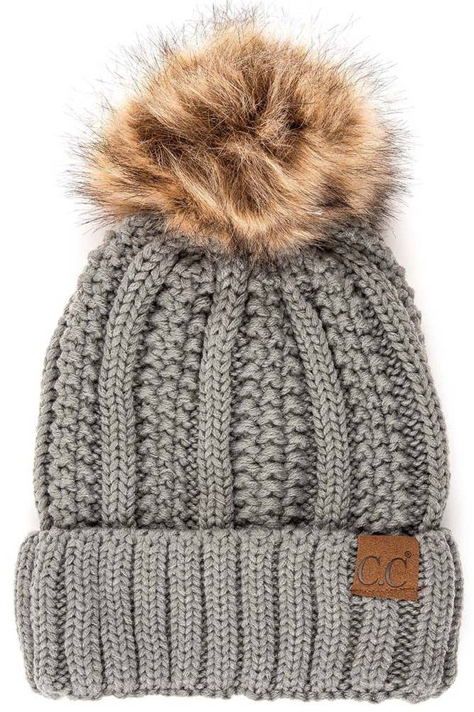 C.C Knit Beanie With Fuzzy Lining and Pom Winter Hat: Beige