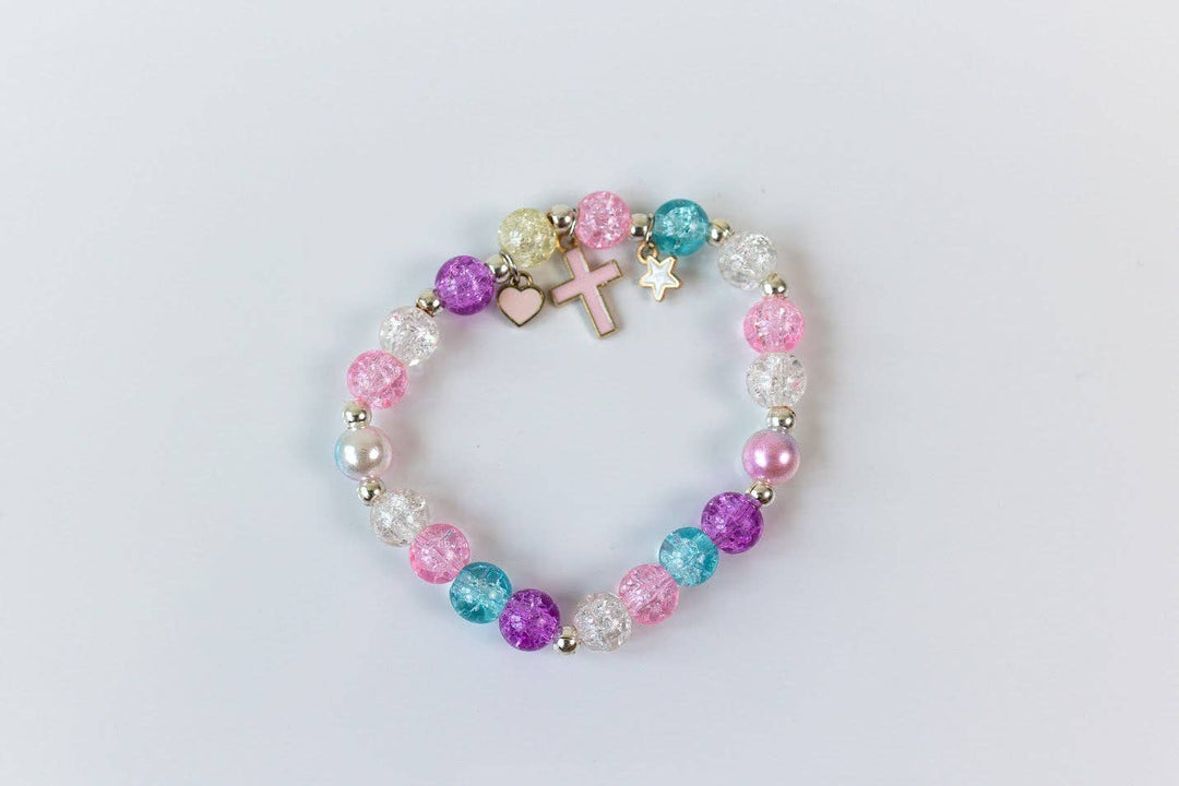 Crushed Glass Bead Stretch Bracelet - Cross