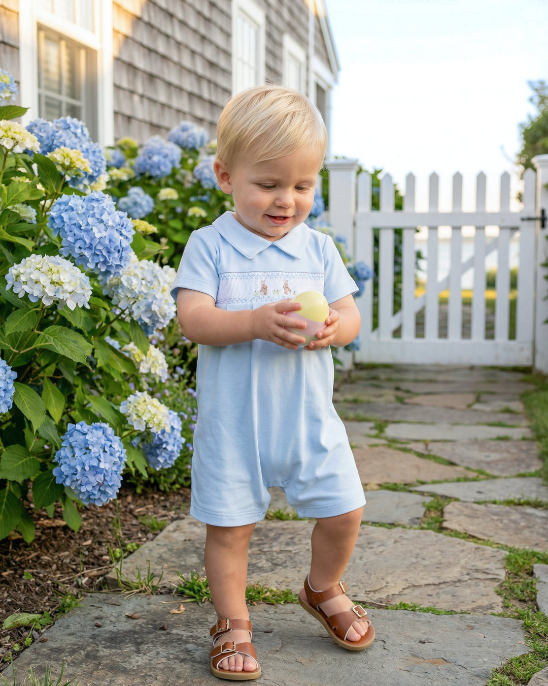 Bunny Smocked Pima Playsuit-Baby Blue