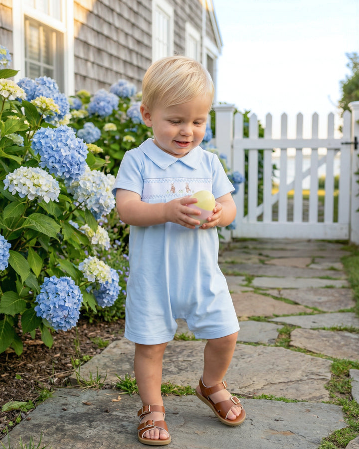 Bunny Smocked Pima Playsuit-Baby Blue