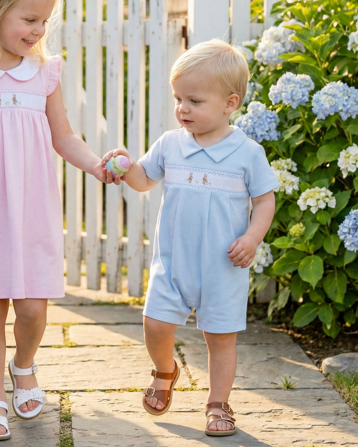 Bunny Smocked Pima Playsuit-Baby Blue