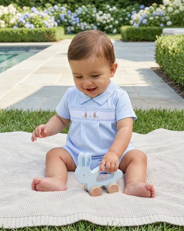 Bunny Smocked Pima Playsuit-Baby Blue