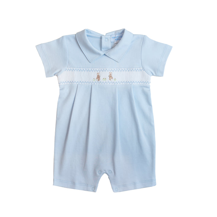 Bunny Smocked Pima Playsuit-Baby Blue
