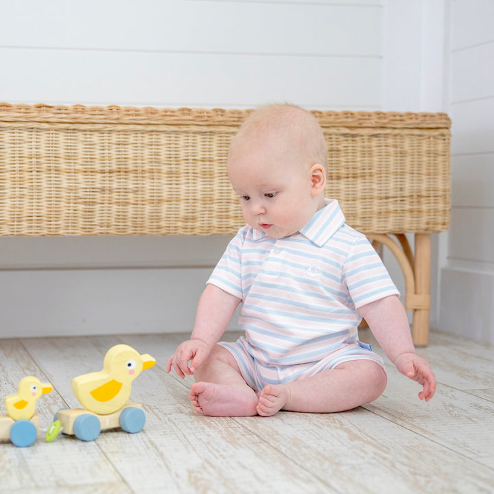 Portside Polo Romper-Chatham Bars Blue/Primrose Stripe