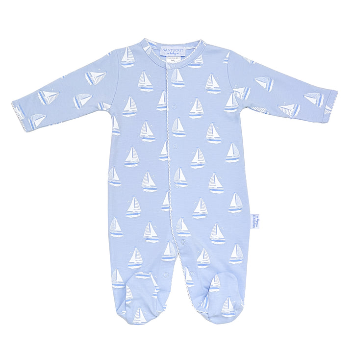 Smooth Sailing Footed Romper-Chatham Bars Blue