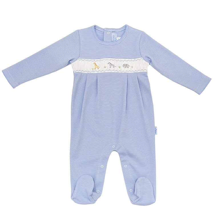 All Aboard The Ark Smocked Footed Romper-Chatham Bars Blue Stripe
