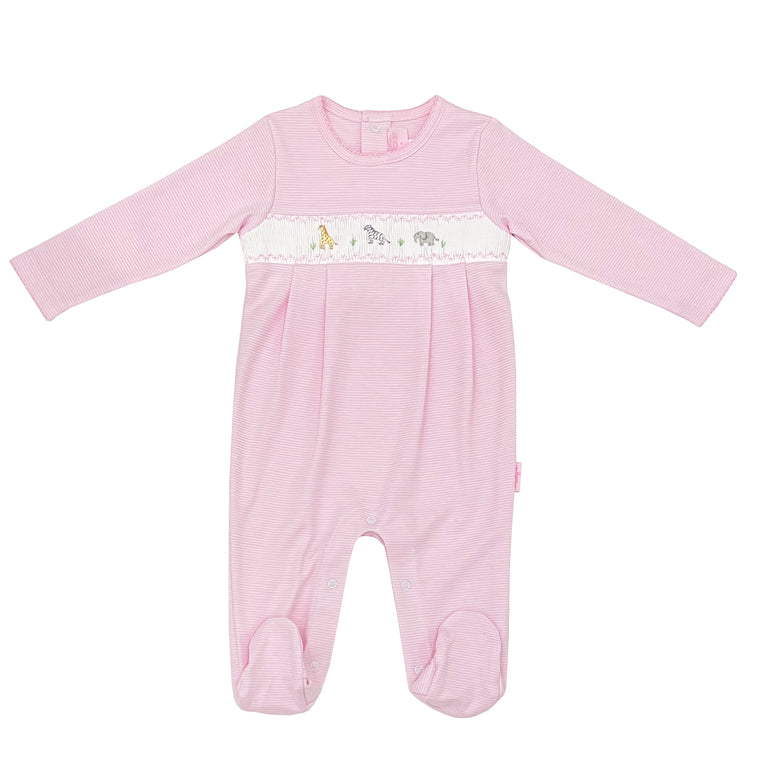 All Aboard The Ark Smocked Footed Romper-Peony Stripe