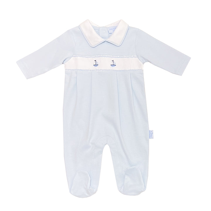Set Sail Smocked Footed Romper-Baby Blue
