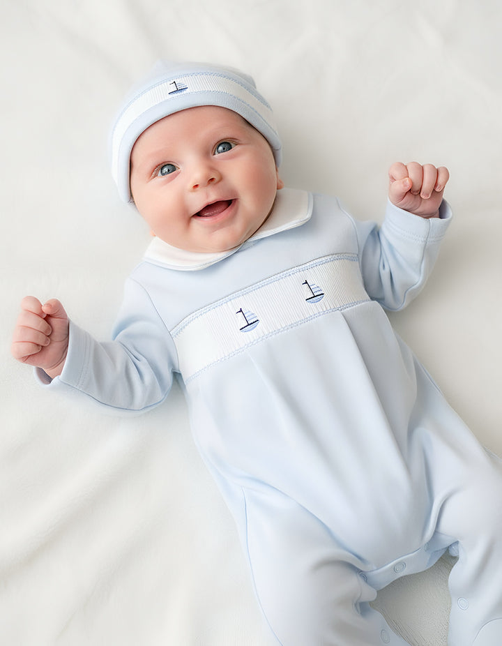 Set Sail Smocked Footed Romper-Baby Blue