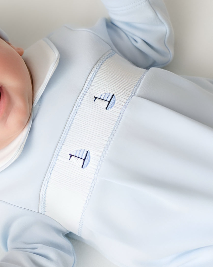 Set Sail Smocked Footed Romper-Baby Blue
