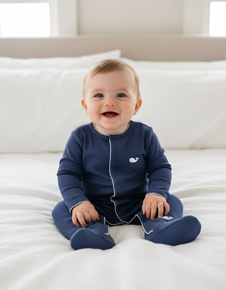 Whale Watch Embroidered Footed Romper-Nautical Navy